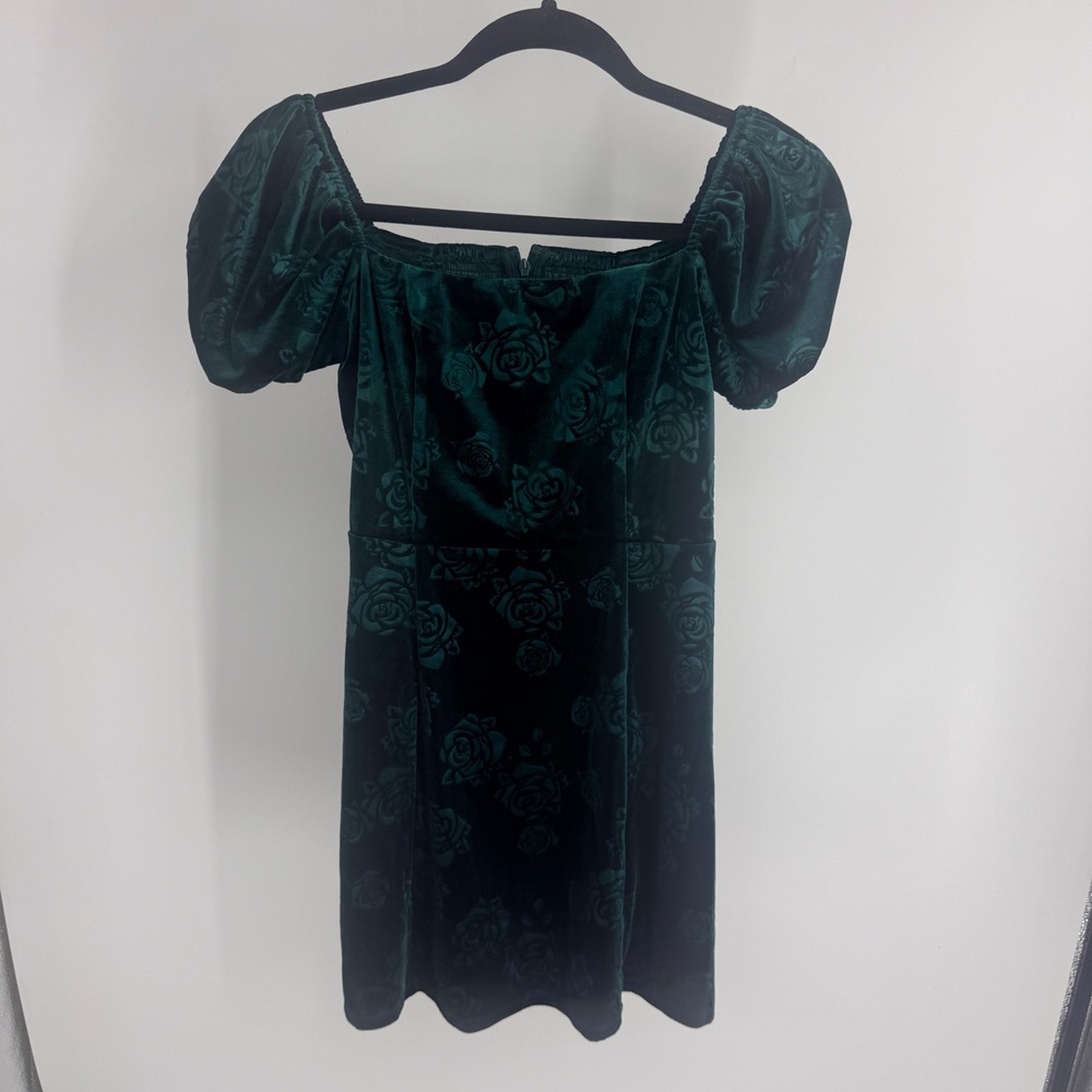Francescas Tabbie Green Velvet Rose Floral Puff Sleeve Mini‎ Dress S Elegant
